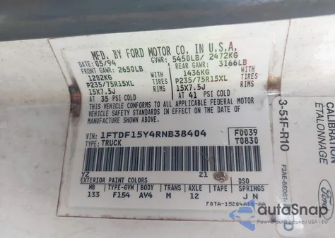 1994 Ford F150 z USA, uszkodzony, nr VIN 1FTDF15Y4RNB38404